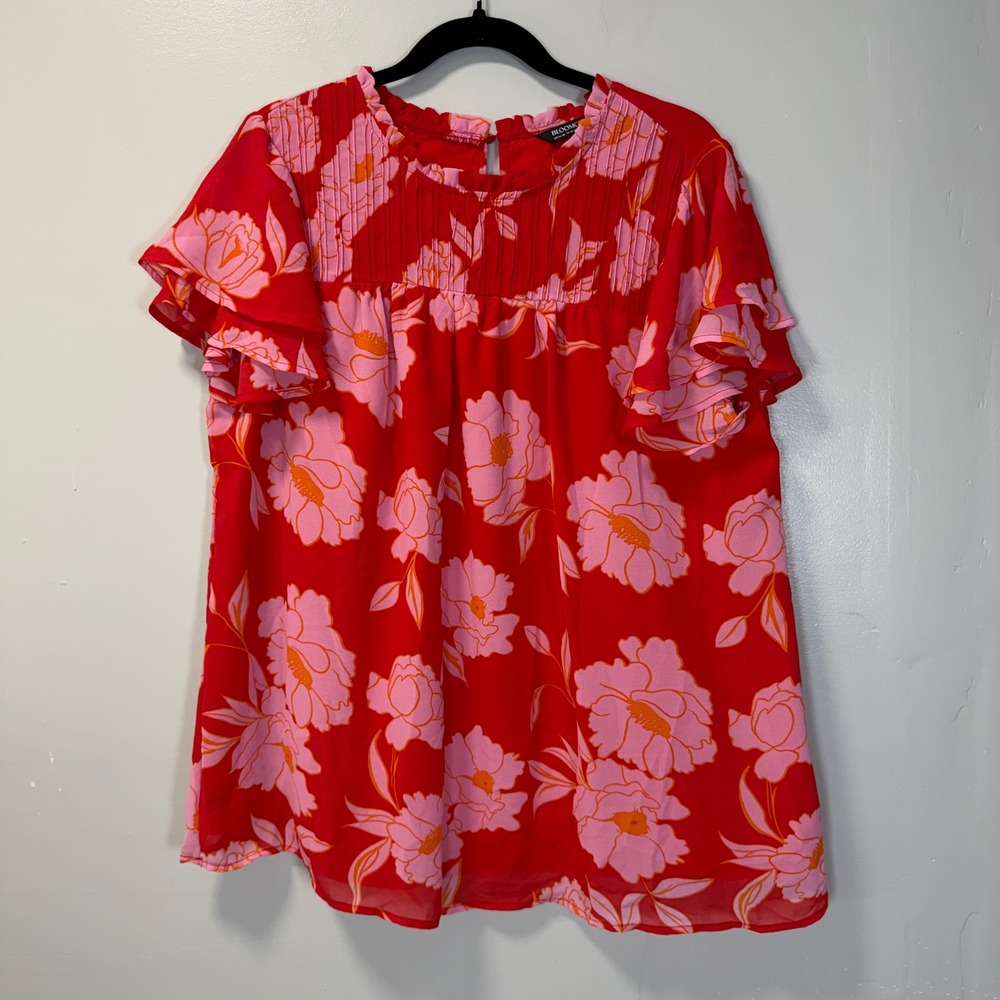Bloomchic‎ Red Pink Floral Flutter Sleeve Lightweight Blouse Top 14-16